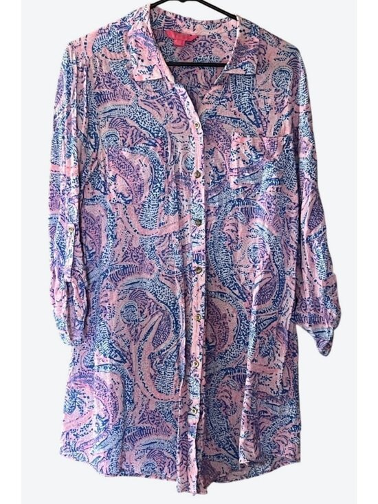 Lilly Pulitzer Tops - Lilly Pulitzer Women's Medium 3/4 Sleeve Geometric Button Front Blouse Pink Blue